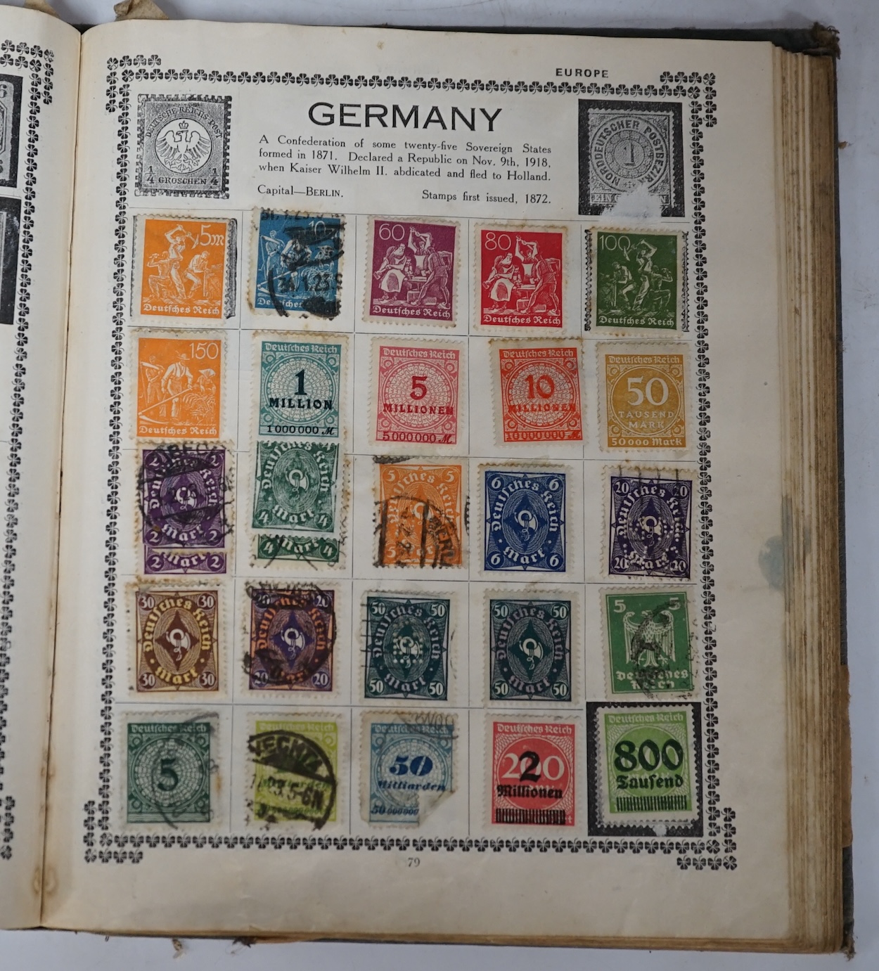 Two early 20th century Stamp Albums, containing a sparse accumulation of All World postage stamps, a 1d black and two 1d reds seen